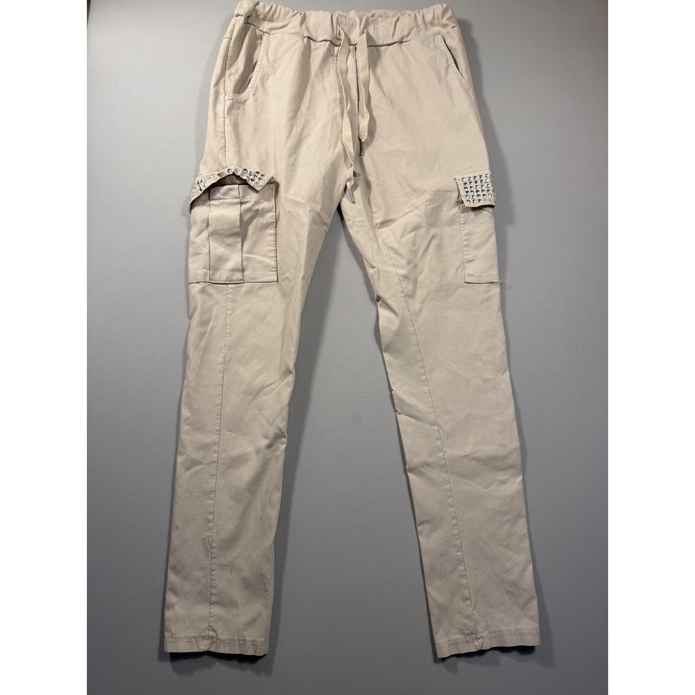 Made in Italy Studded Cargo Pants Beige Elastic Waist Drawstring Slim Leg